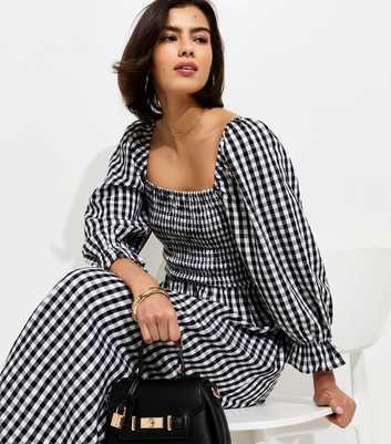 Black Gingham Shirred Cropped Puff Sleeve Midi Dress