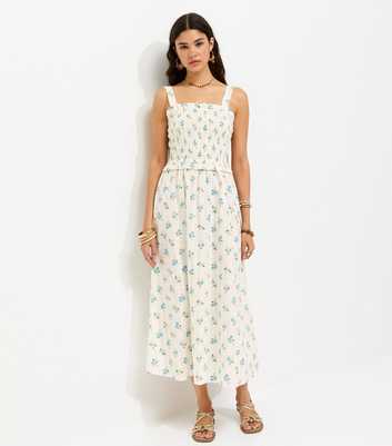 Cream Cotton Floral Print Shirred Tie Strap Midi Dress