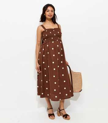 Maternity Brown Polka Dot Bow Back Midi Dress