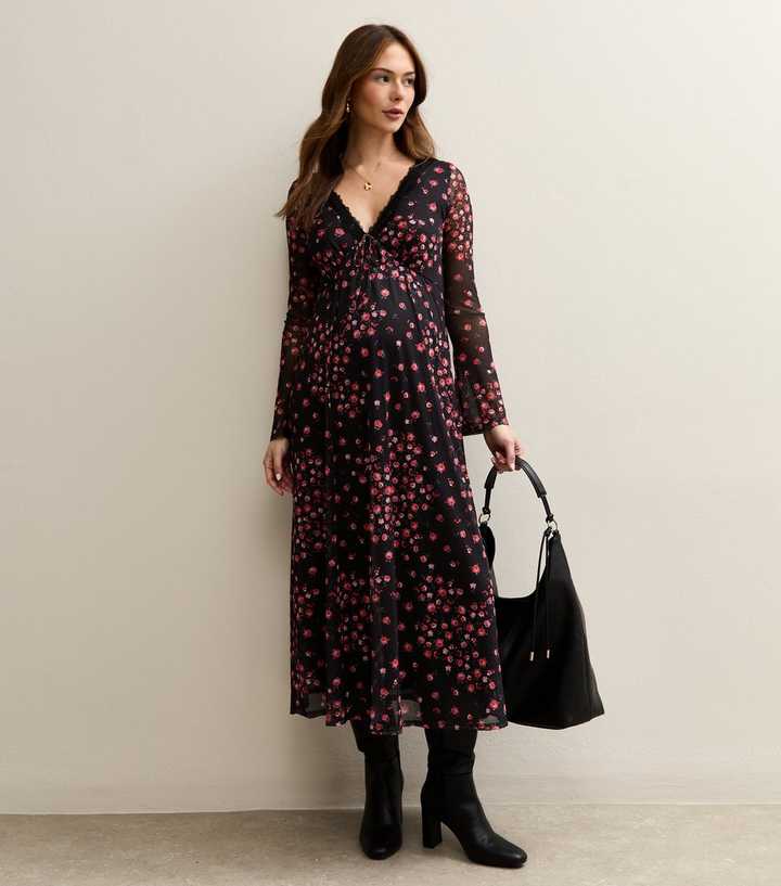Maternity Black Rose Long Sleeve Lace Mesh Midi Dress