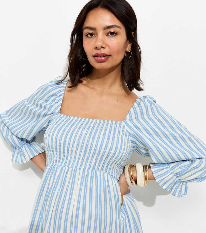 Maternity Blue Striped Shirred Midi Dress | New Look Maternity Blue Striped Shirred Midi Dress | New Look