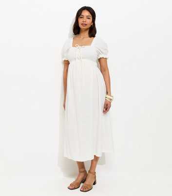Maternity White Tie Front Shirred Midi Dress