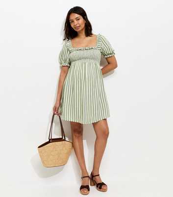 Maternity Green Striped Frilly Trim Dress