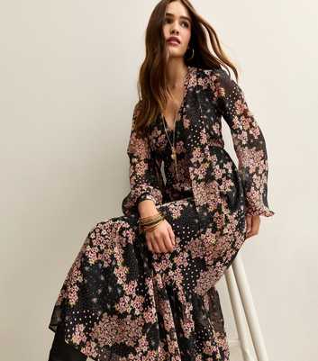Black Floral Print Tie Neck Chiffon Midi Dress