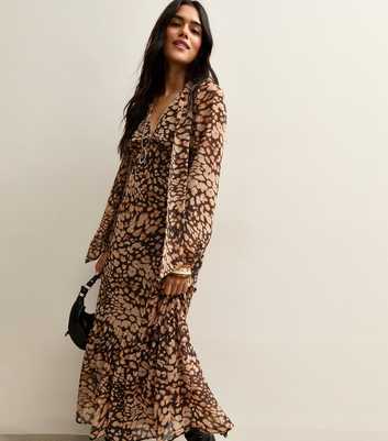 Brown Printed Chiffon Tie Neck Midi Dress