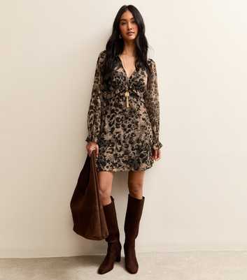 Brown Abstract Pattern Chiffon V Neck Dress