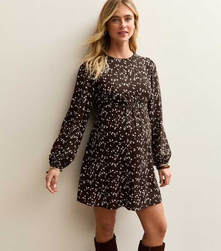 Maternity Dark Brown Ditsy Long Sleeve Flutter Mini Dress