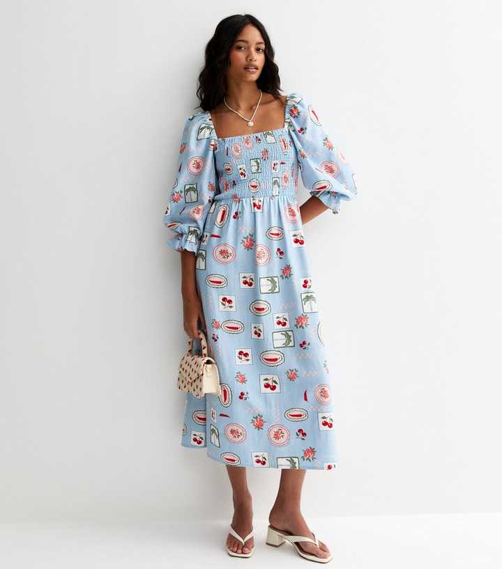Blue Chilli and Cherry Print Shirred Midi Dress