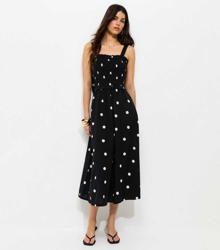 Black Spot Print Shirred Bow Back Strappy Midi Dress