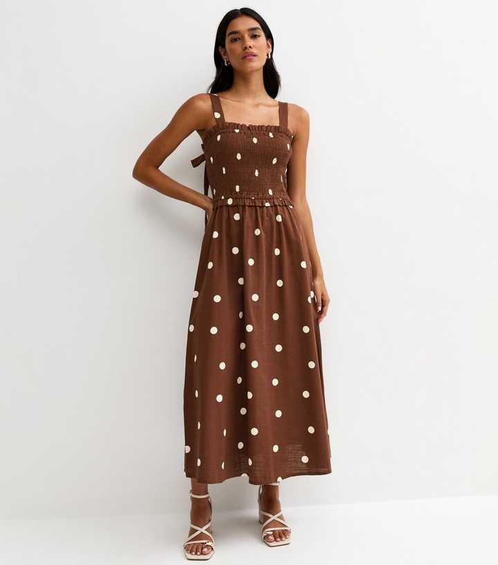 Brown Spot Print Shirred Bow Back Strappy Midi Dress