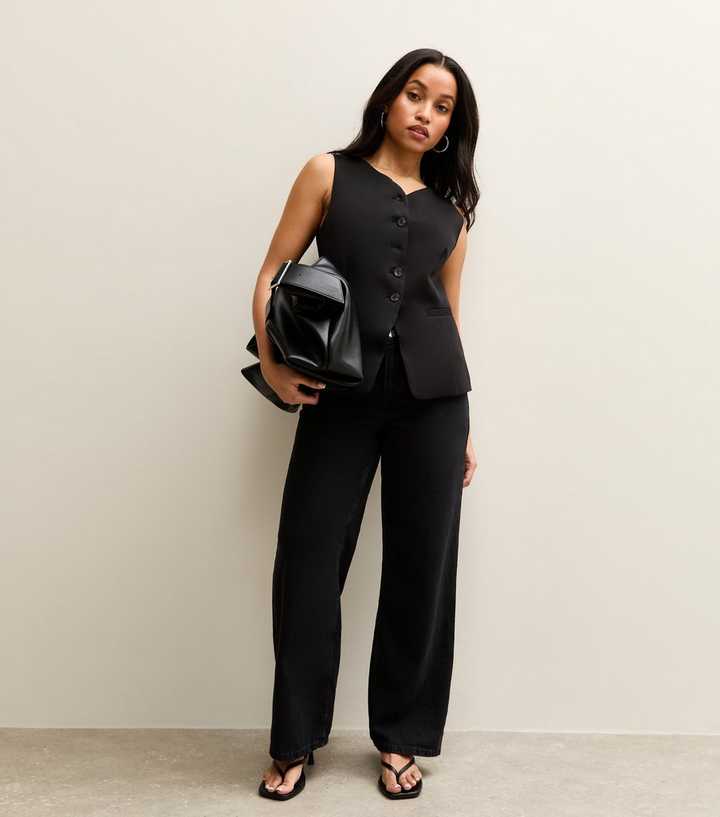 Petite Black Elasticated Back Wide Leg Jeans