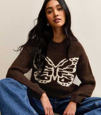 Brown Butterfly Design Crew Neck Jumper