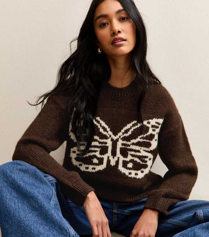 Brown Butterfly Design Crew Neck Jumper