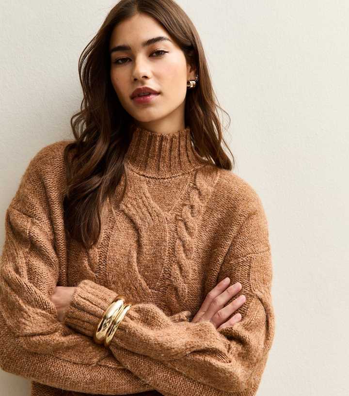 Tan Cable Knit Stand Neck Jumper