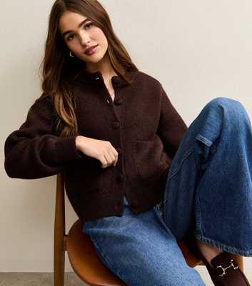 Dark Brown Crew Neck Knitted Cardigan