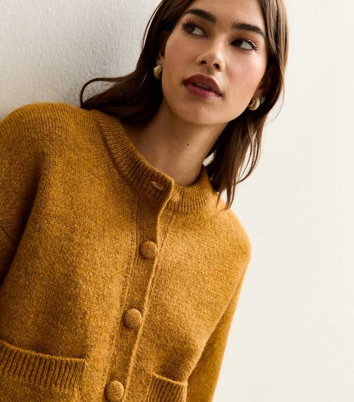 Dark Yellow Crew Neck Knitted Cardigan
