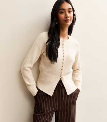 Cream Dome Button Crew Neck Cardigan
