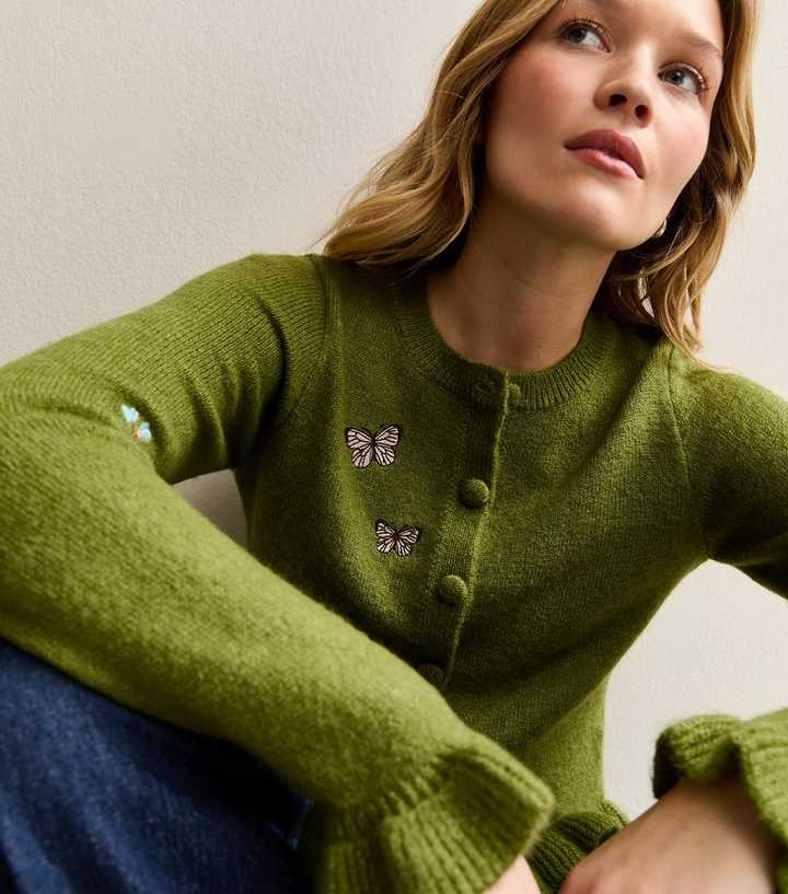Green Embroidered Butterfly Frill Hem Cardigan