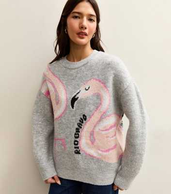 Light Grey Flamingo Slogan Midweight Knit Jumper