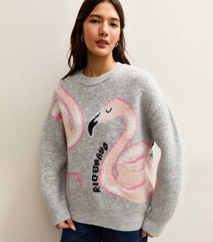 Light Grey Flamingo Slogan Midweight Knit Jumper