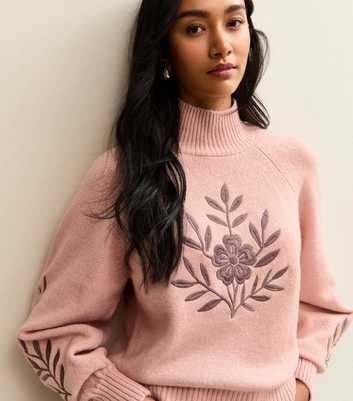 Pink Floral Embroidery High Neck Jumper
