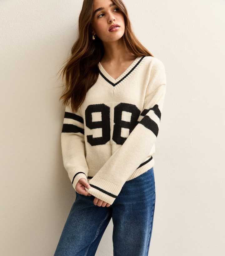 Cream Football V-Neck Jumper