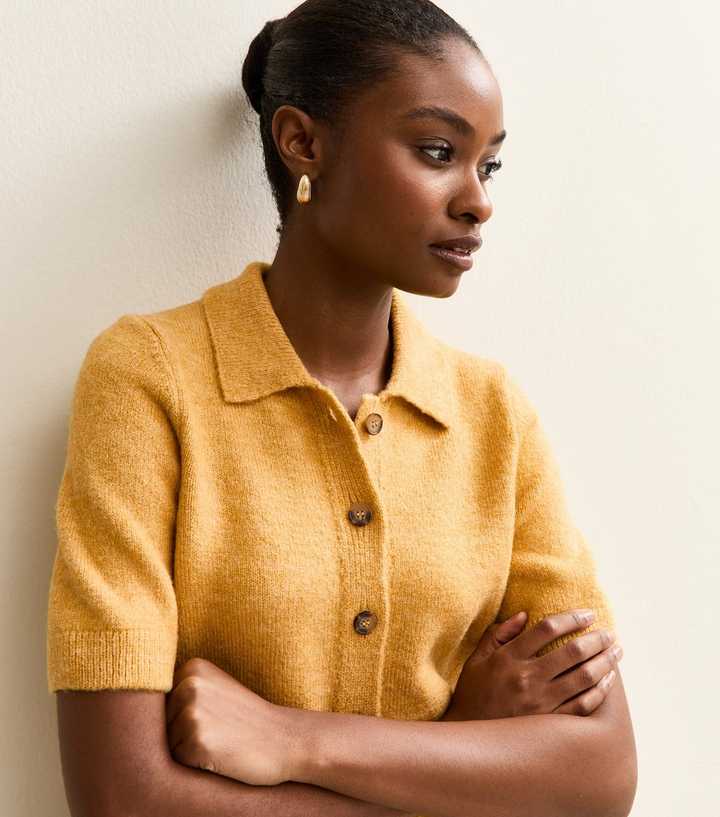 Dark Yellow Collared Short Sleeve Cardigan