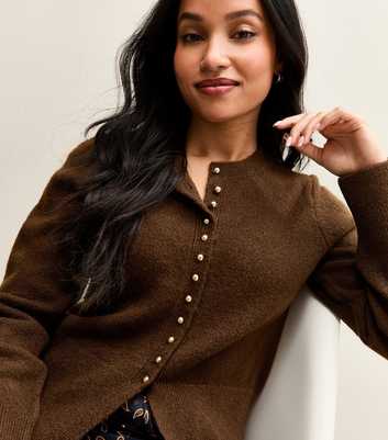 Petite Brown Dome Button Crew Neck Cardigan