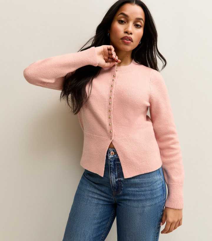 Petite Pink Dome Button Crew Neck Cardigan