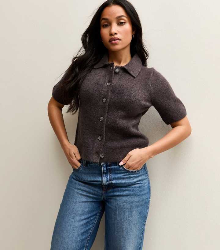 Petite Light Purple Collared Short Sleeve Cardigan