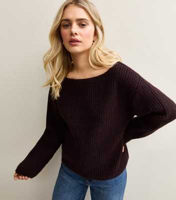 Dark Brown Ribbed Slash Neck Jumper