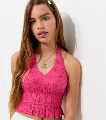 Girls Bright Pink Broderie Anglaise Halter Neck Top