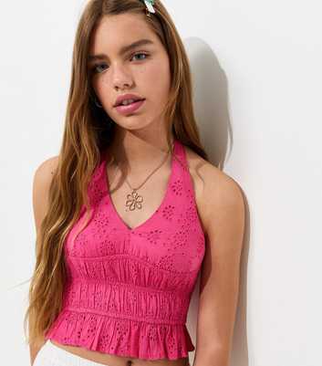 Girls Bright Pink Broderie Anglaise Halter Neck Top