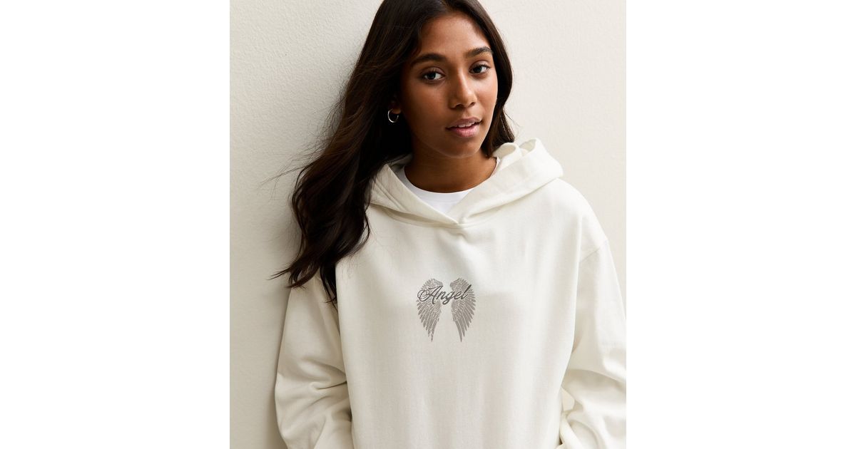 Girls Off White Cotton Angel Logo Hoodie New Look