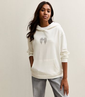 Girls Off White Cotton Angel Logo Hoodie
