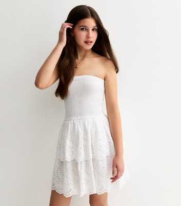 Girls White Shirred Broderie Anglaise Rara Dress