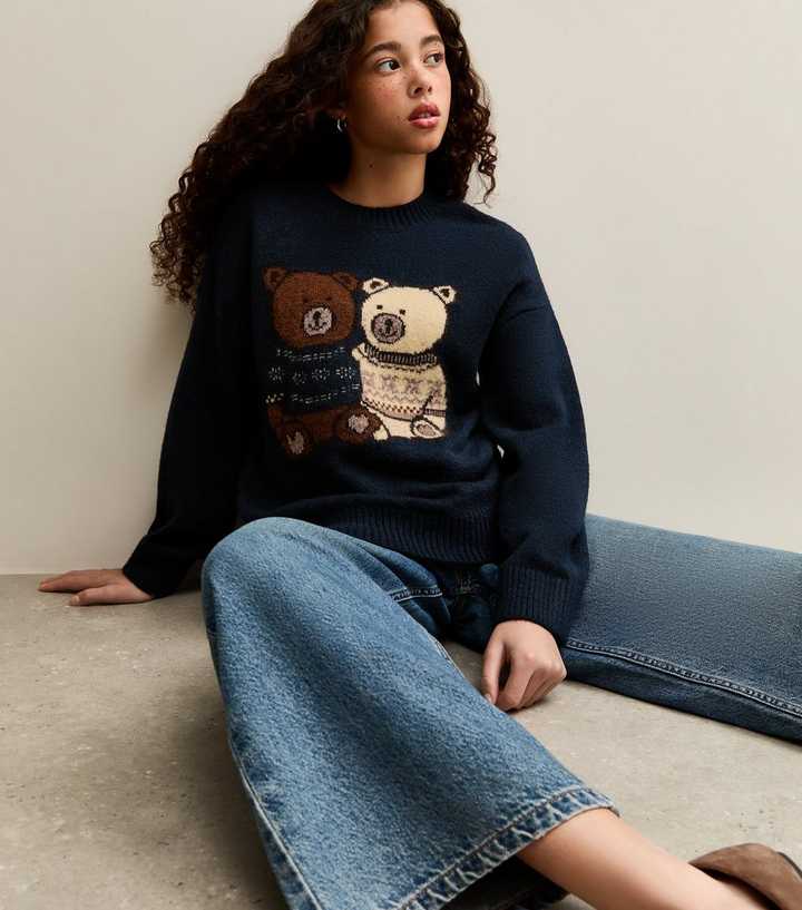 Girls Navy Bear Embroidered Jumper