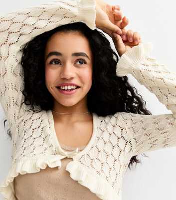 Girls Cream Ruffled Crochet Cardigan