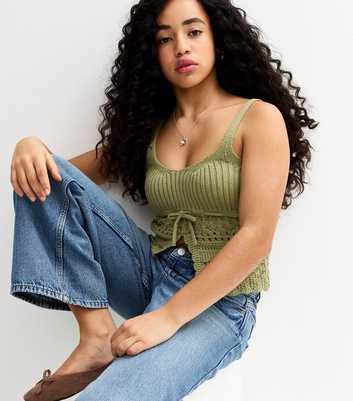 Girls Dark Khaki Tie Front Knit Cami Top