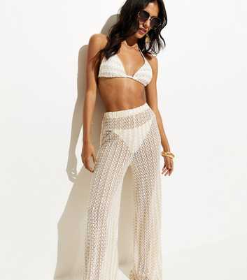 Gold Semi Sheer Lace Wide Leg Beach Trousers