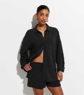 Black Textured Oversized Beach Shirt