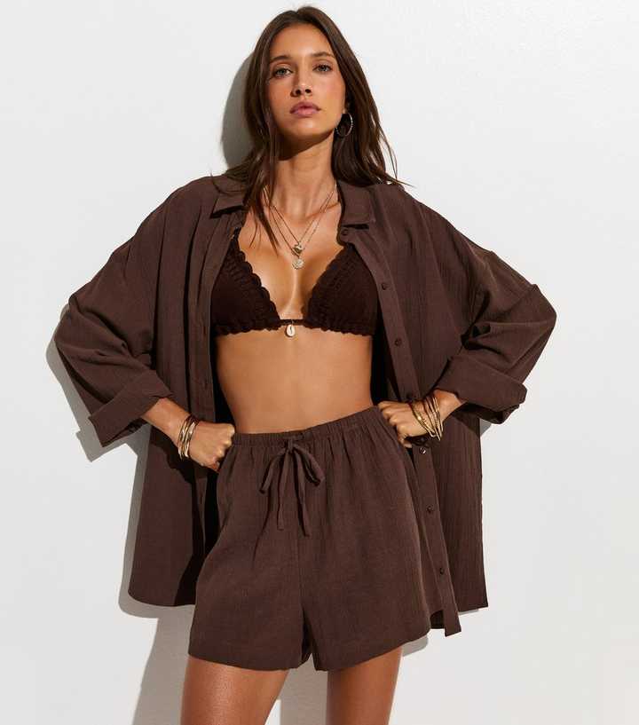 Dark Brown Crinkled Drawstring Beach Shorts