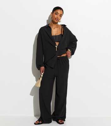 Black Crinkled Wide Leg Beach Trousers