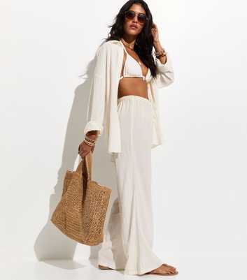 White Crinkled Wide Leg Beach Trousers