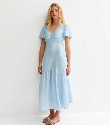Blue Polka Dot Tiered Midi Tea Dress