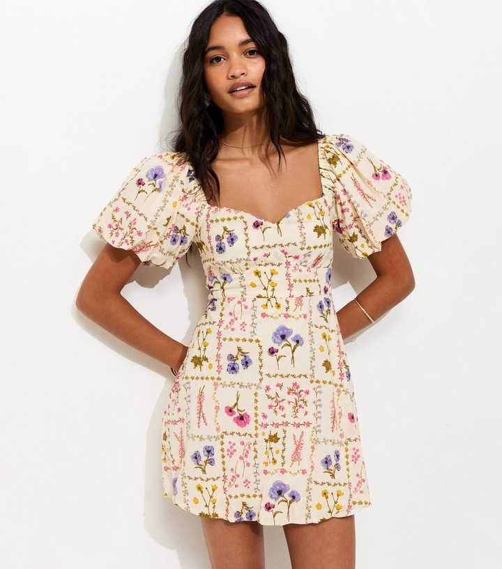 Cream Botanical Print Milkmaid Mini Dress