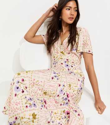 Cream and Pink Floral Tile Pattern Tiered Midi Dress