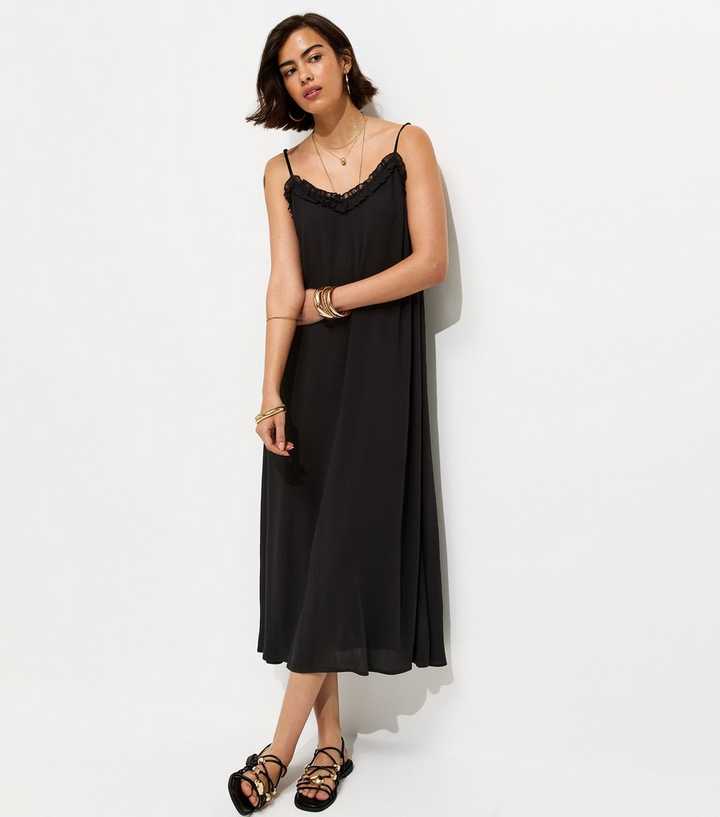 Black Frilly Trim Strappy Midi Dress