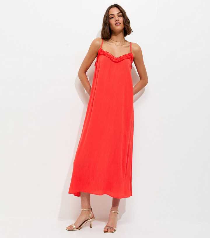 Dark Coral Frilly Trim Strappy Midi Dress