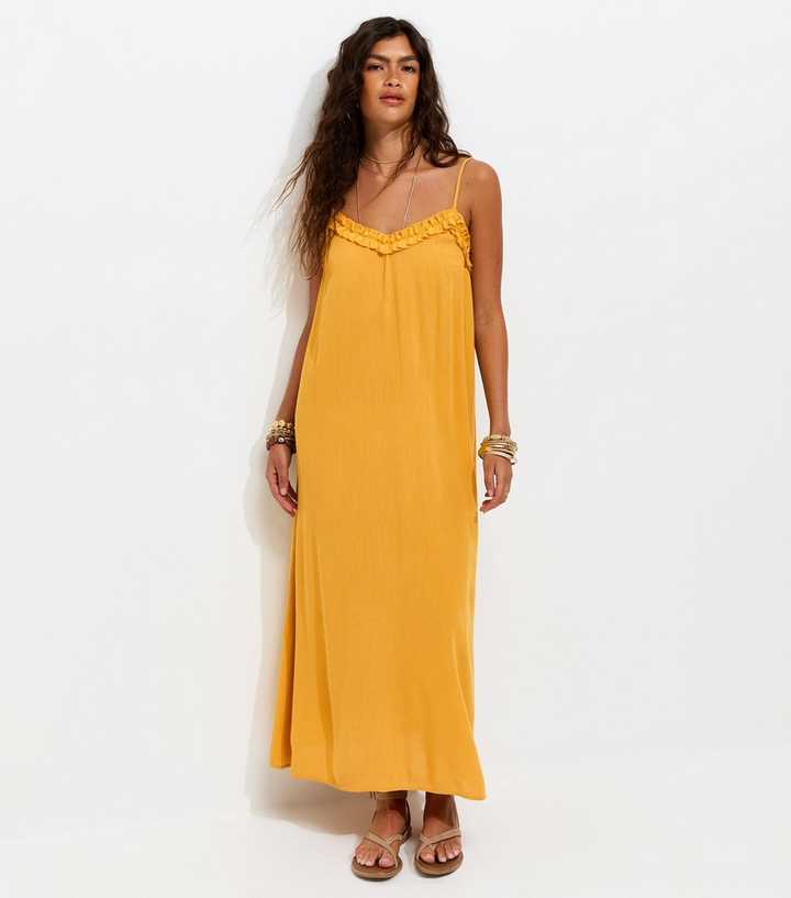 Bright Yellow Crinkle Texture Frill Trim Strappy Midi Dress